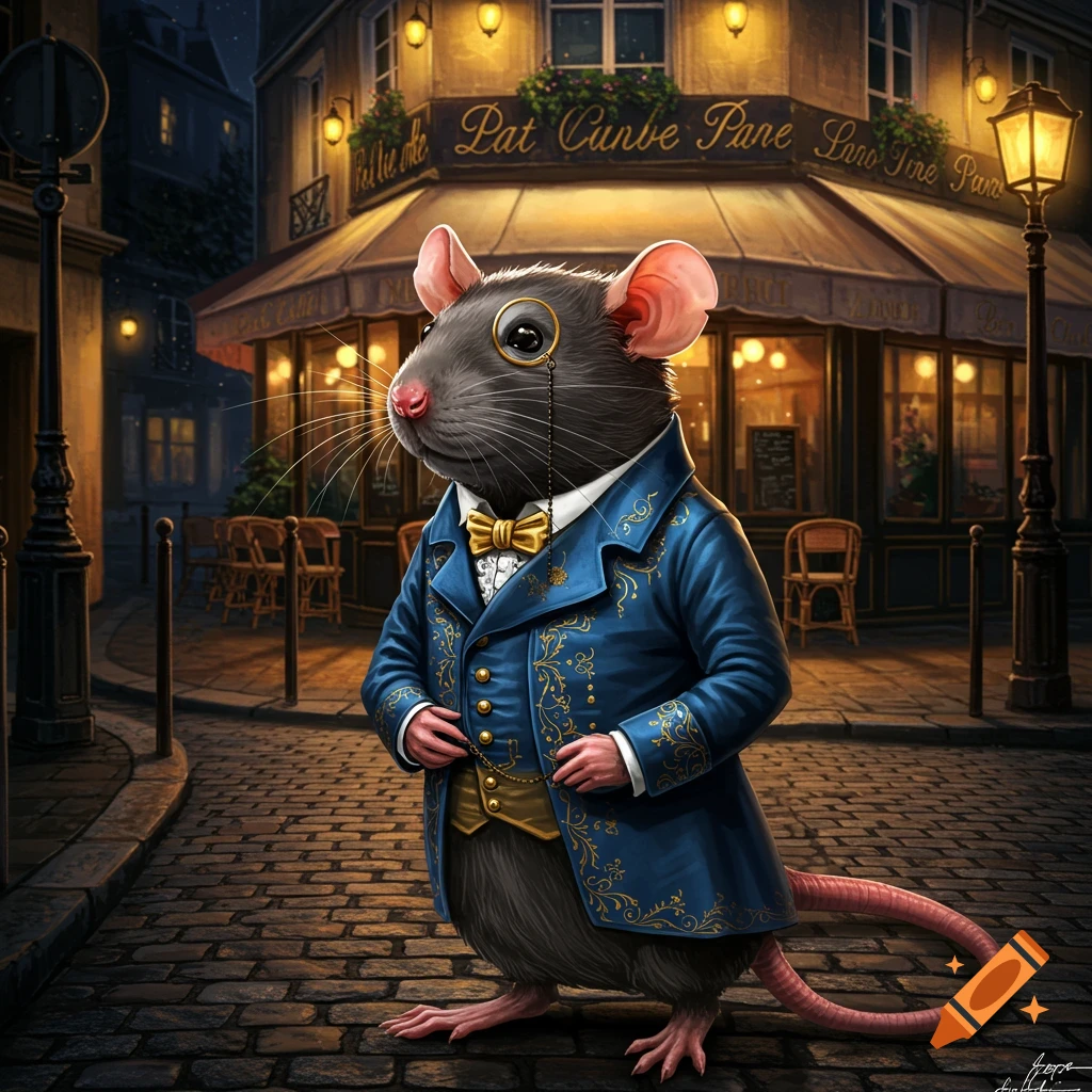 An elegant anthropomorphic rat in a blue suit and monocle stands on a cobblestone street in front of a lit cafe at night.