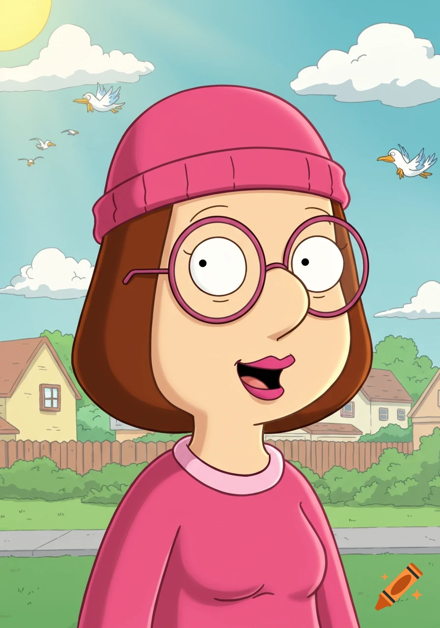 Meg from Family Guy, a cartoon woman with brown hair, glasses, pink beanie and shirt, smiles in a suburban setting.