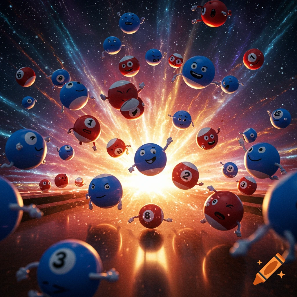 Cartoon billiard balls with faces and limbs float in a vibrant, star-filled cosmic explosion.