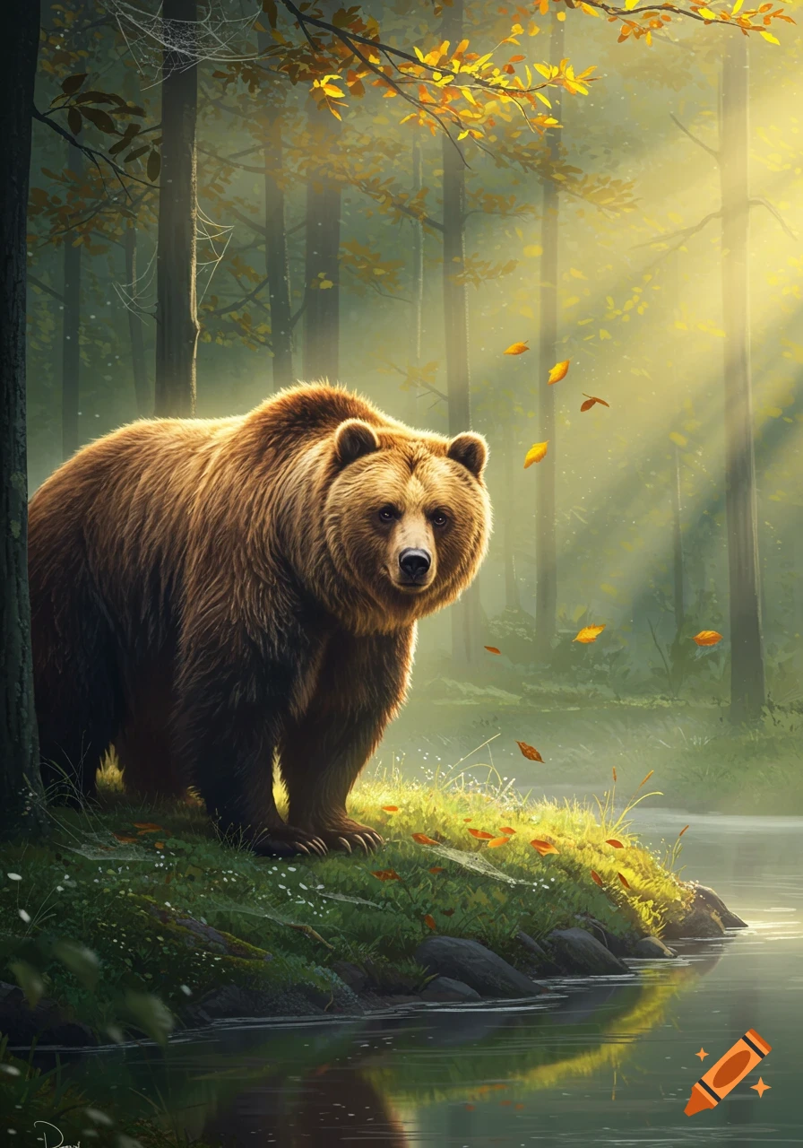 A brown bear stands on a grassy bank beside a river in an autumn forest with sunbeams and falling leaves.