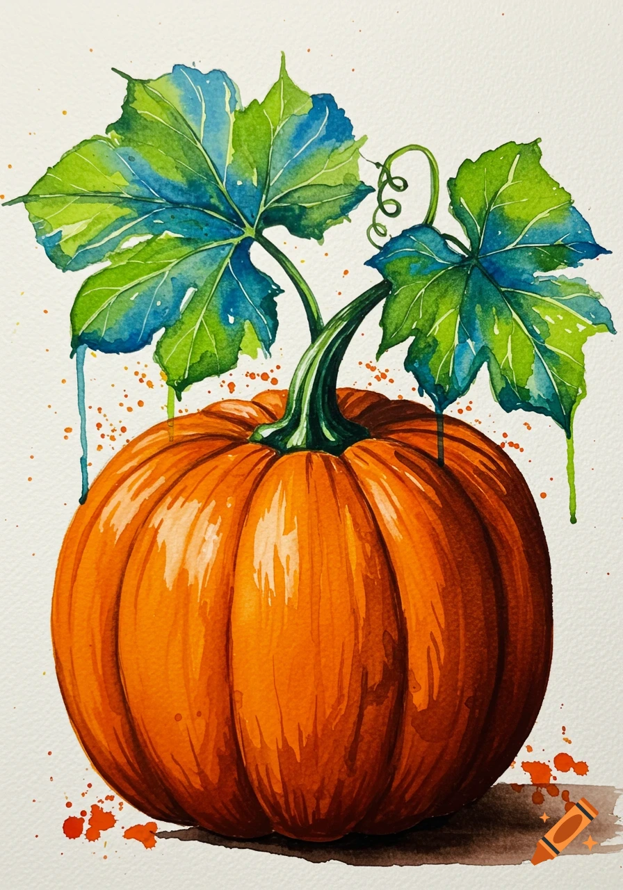 Messy watercolor painting of a vibrant orange pumpkin with green and blue leaves, featuring paint splatters.
