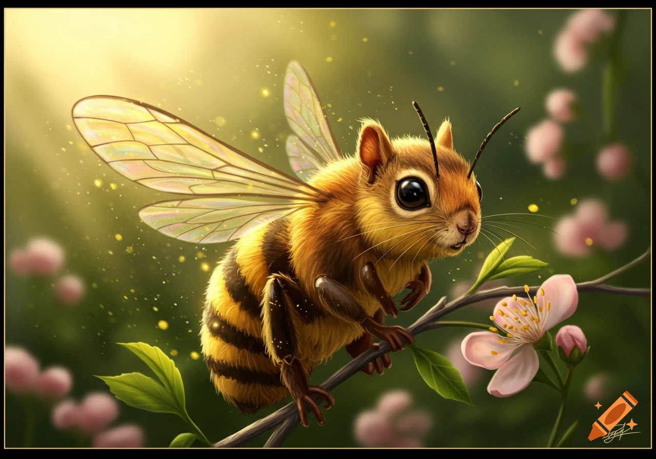 A cute bee-squirrel hybrid with large eyes and furry striped body sits on a flowering branch with glowing sunlight.