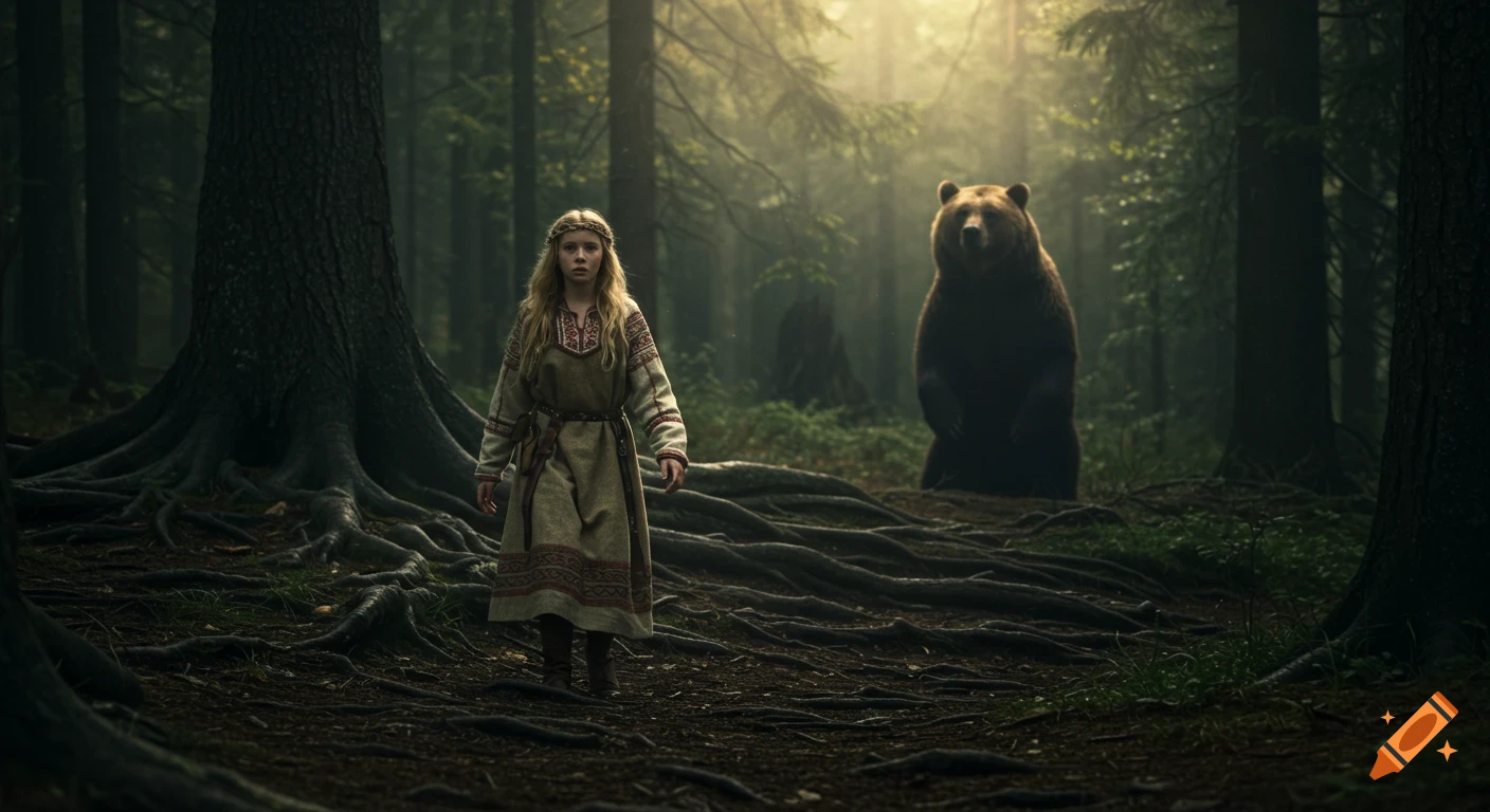 A photorealistic image of a tense girl in Slavic clothing in a dark forest with massive roots, a bear on hind legs in the background, lit by golden rays.