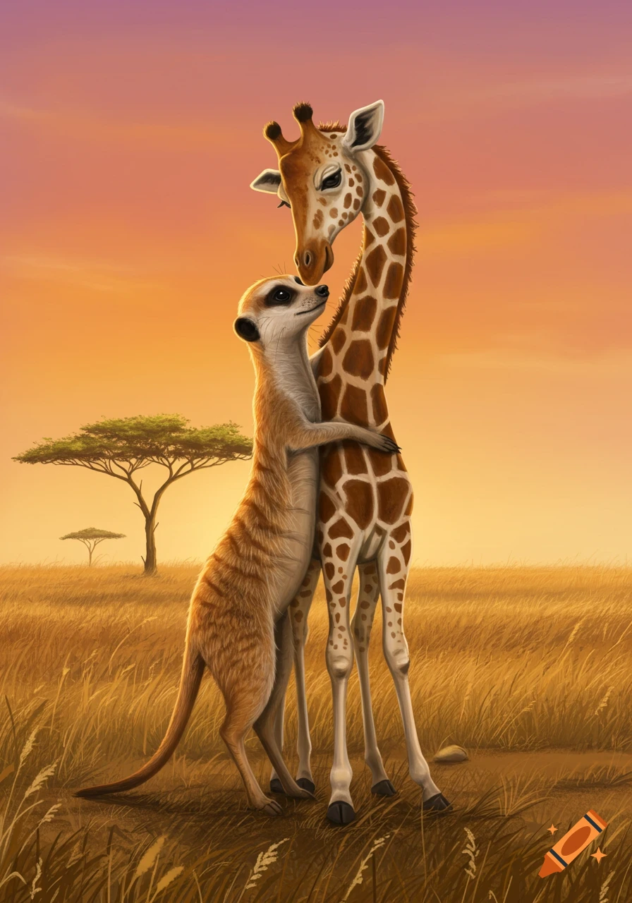 An illustrated meerkat hugs a giraffe in a warm, golden savanna landscape at sunset.