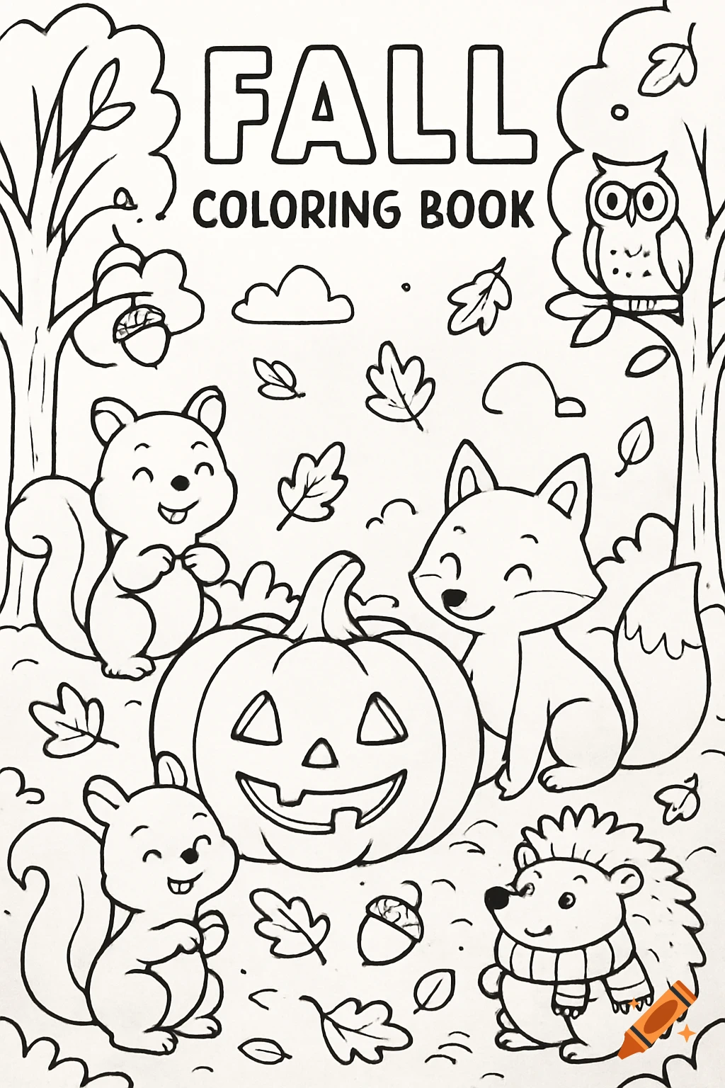 Black and white fall coloring book page with text 'FALL COLORING BOOK', featuring cartoon animals, a pumpkin, and autumn leaves.