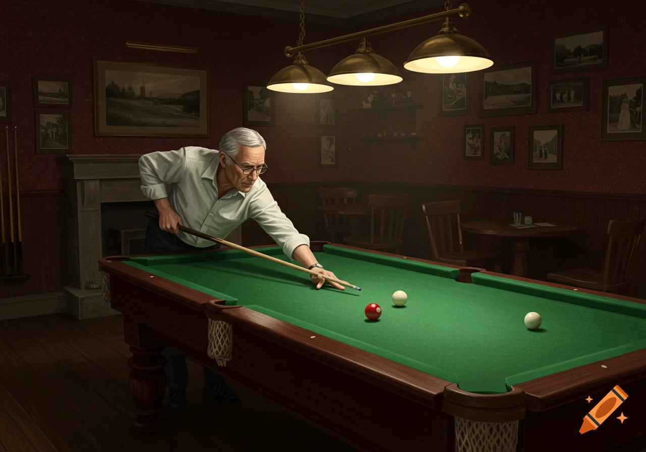 A man in his 60s playing billiards in a dimly lit, traditional room, lining up a shot.