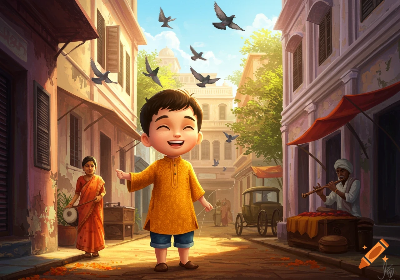 A happy Bengali boy in a yellow kurta and blue shorts stands on a sunny street with pigeons flying, a woman playing a drum, and a man playing a flute.