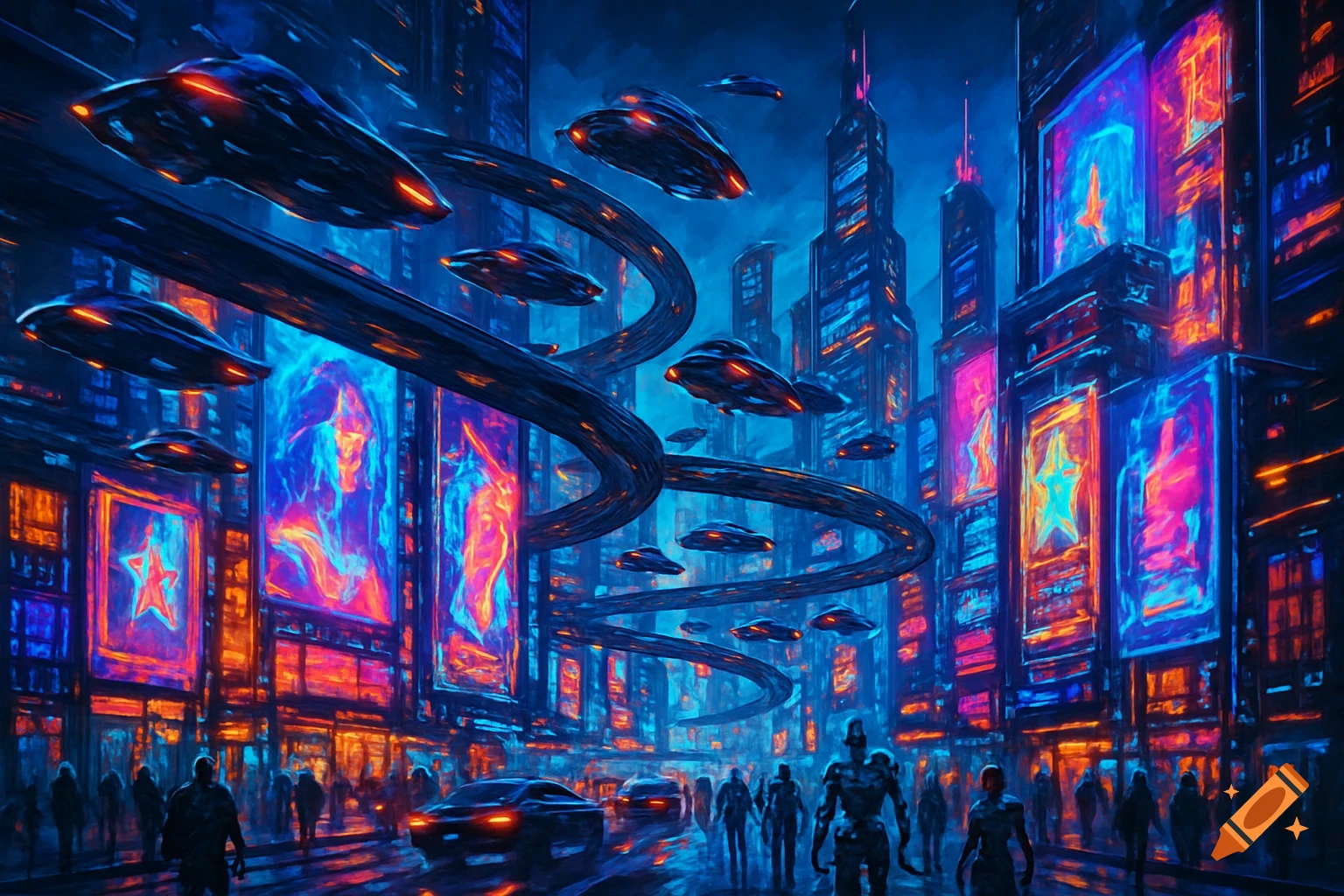 A vibrant, neon-lit futuristic cityscape with flying vehicles, towering skyscrapers, holographic billboards, and pedestrians on the street.
