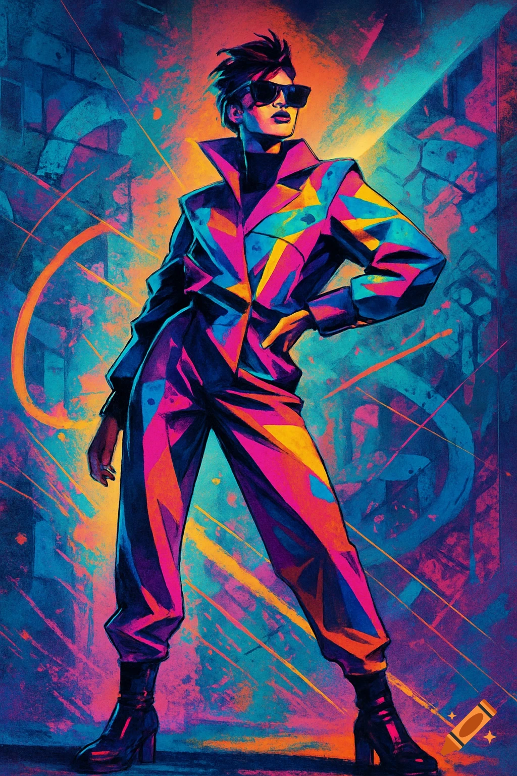 Vibrant abstract illustration of a person in a neon pink, blue, and yellow geometric patterned suit, standing confidently.