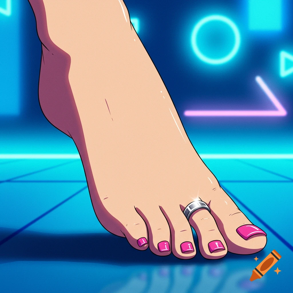 An anime-style woman's foot with pink nail polish and a toe ring against a neon blue background.