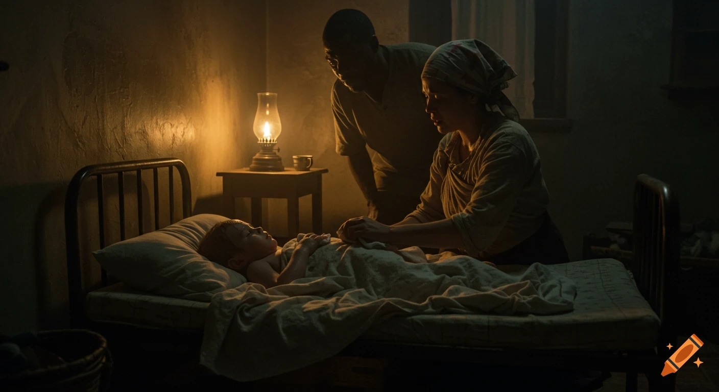 Parents watch over their sick child lying in bed, illuminated by an oil lamp in a dimly lit room, photorealistic style.