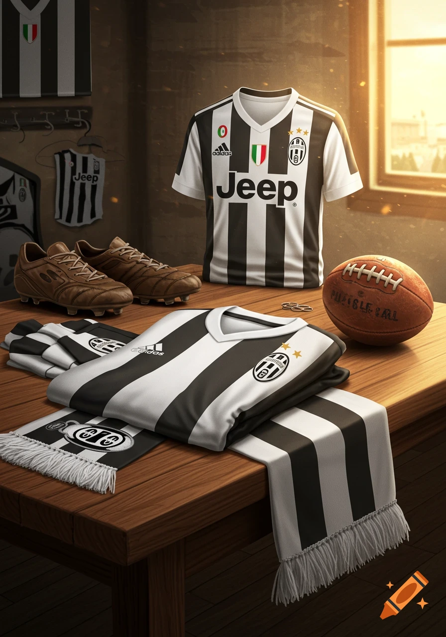 Juventus soccer jerseys, cleats, a scarf, and a football displayed on a wooden table, with sunlight streaming from a window.
