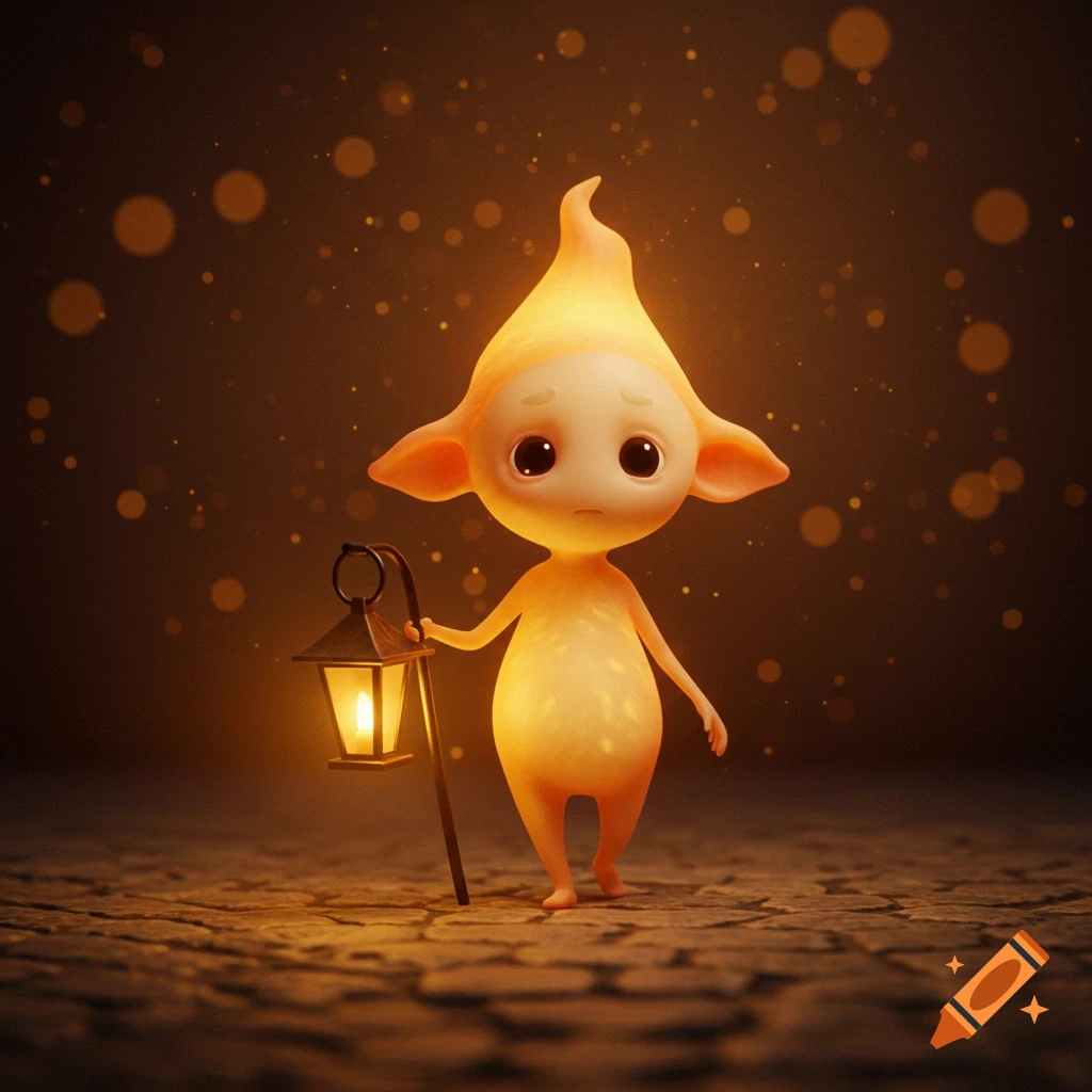 A small, glowing, orange-pink cartoon character with large ears and big, sad eyes holds a lit lantern in a dark, bokeh-lit setting.