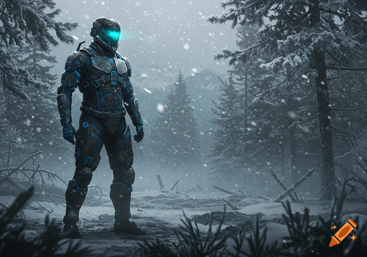 A dark futuristic soldier with glowing blue accents stands in a snowy forest amidst a blizzard, with pine trees.