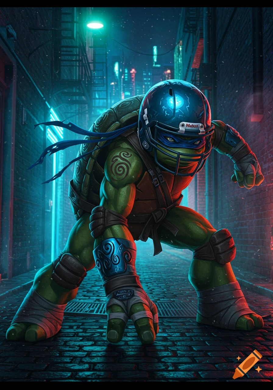 A muscular Ninja Turtle in a blue football helmet and bandages crouches in a neon-lit urban alley at night, rain falling.