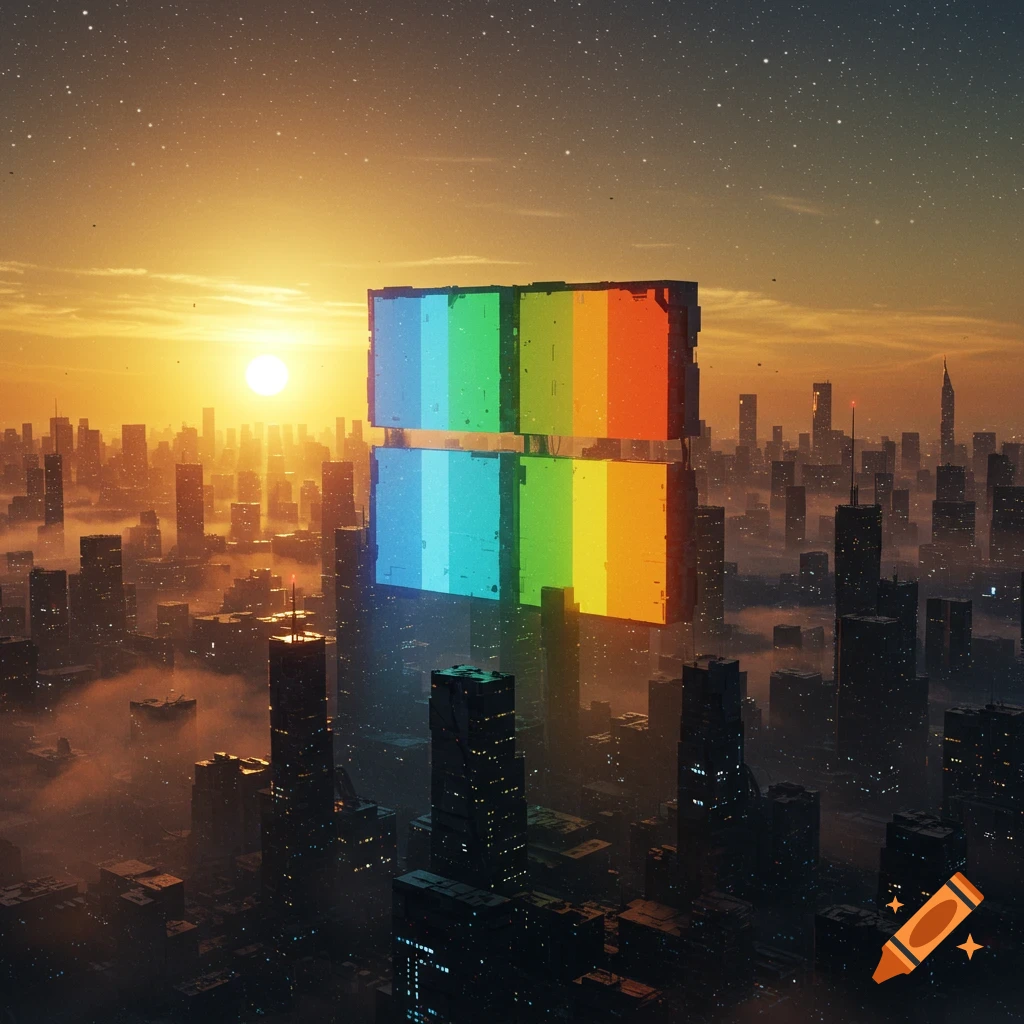 A large, colorful block-like structure resembling the Microsoft Windows logo floats above a futuristic cityscape at sunset.