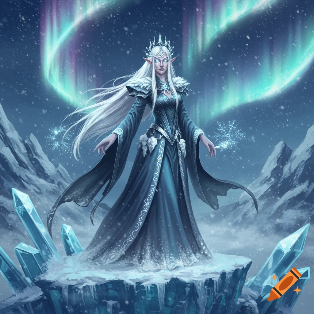 A white-haired elven frost witch in a dark blue gown stands on an icy peak under a green aurora borealis in a snowy fantasy landscape.