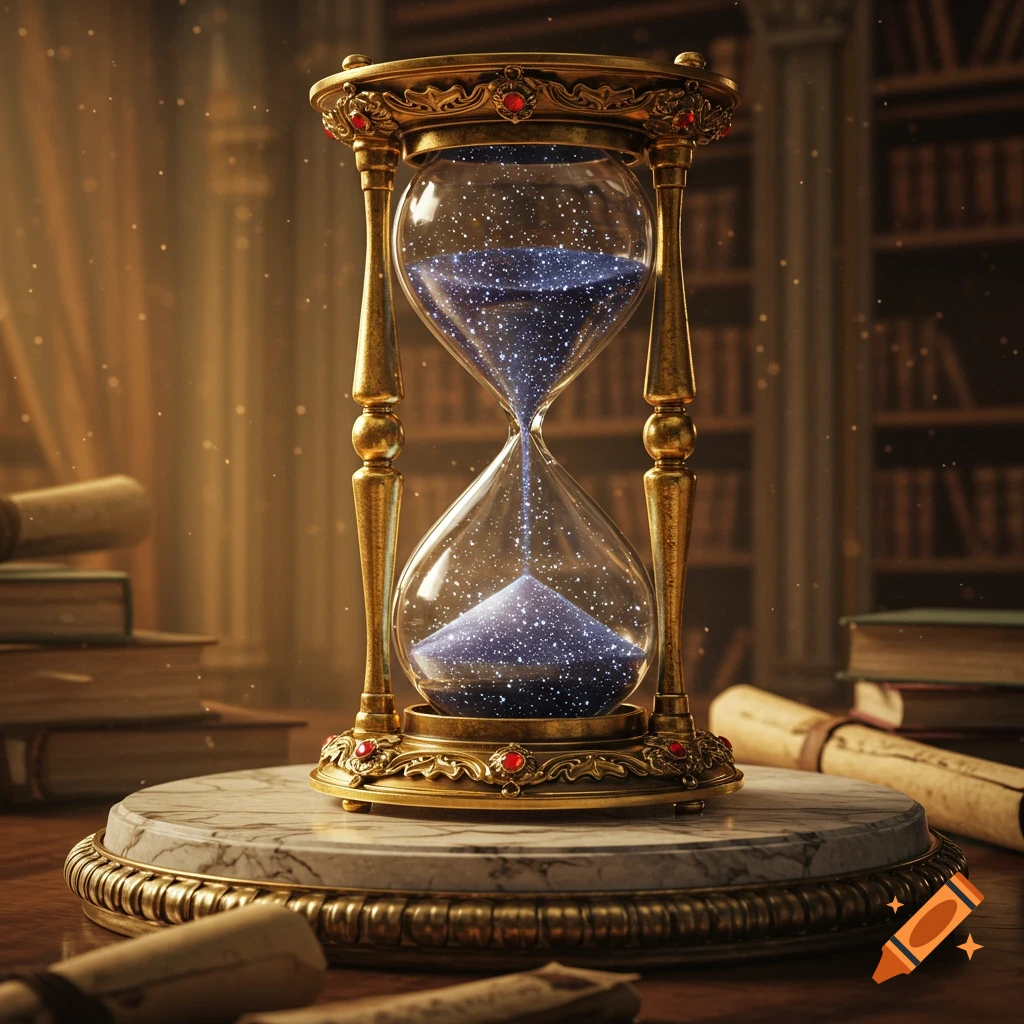 An ornate golden hourglass with blue, shimmering sand sits on a marble base in a dimly lit library, surrounded by scrolls and books.