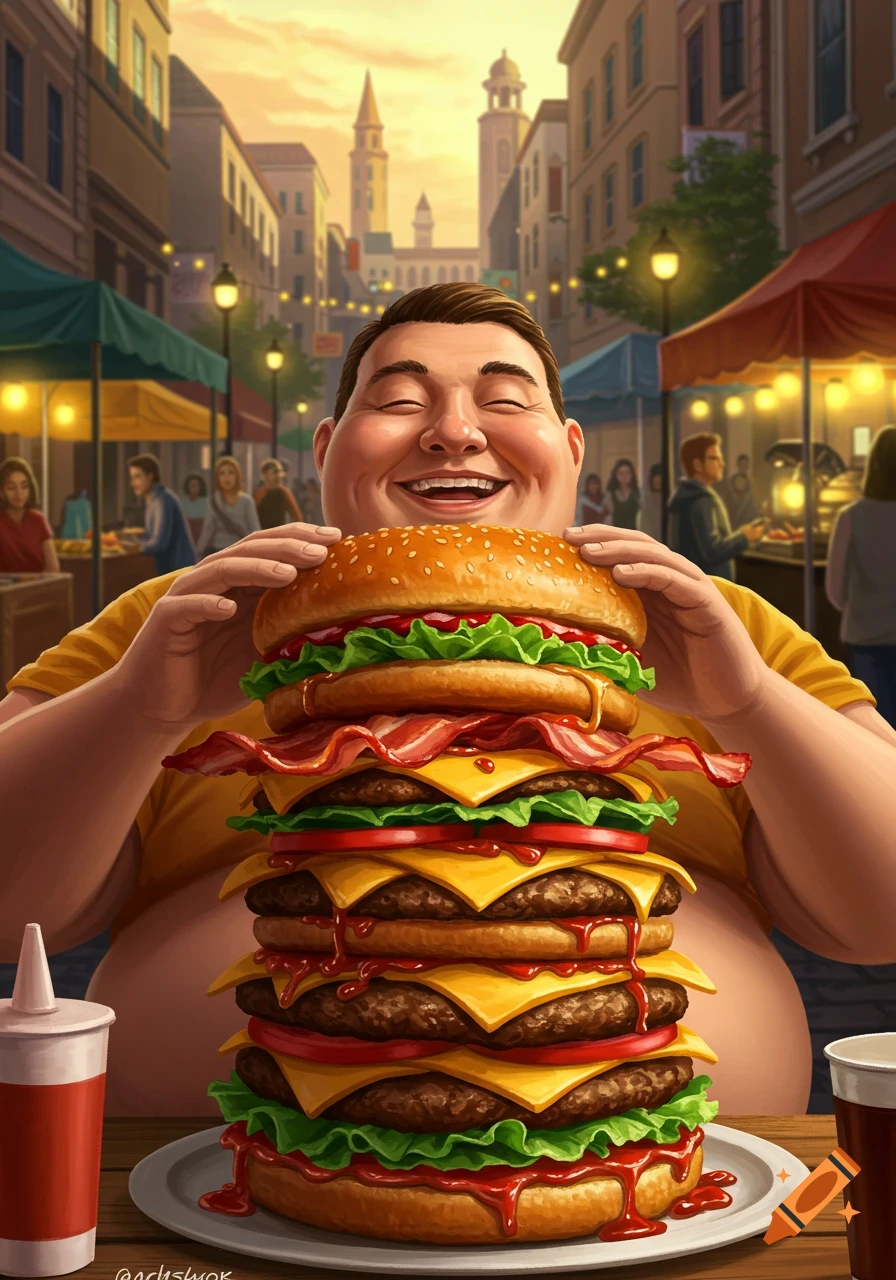 A smiling, portly man holds a massive, multi-patty bacon cheeseburger in a vibrant market street, illustrative.