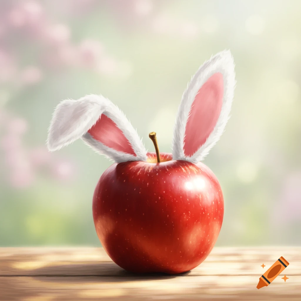 A vibrant red apple with fluffy white and pink rabbit ears sitting on a rustic wooden table, with a soft, blurred natural background.