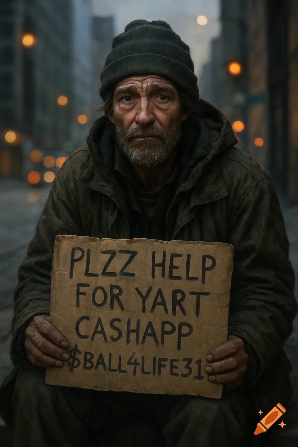 A photorealistic portrait of a bearded homeless man in a beanie and jacket, holding a cardboard sign that says "PLZZ HELP FOR YART CASHAPP $BALL4LIFE31" on a blurry city street.