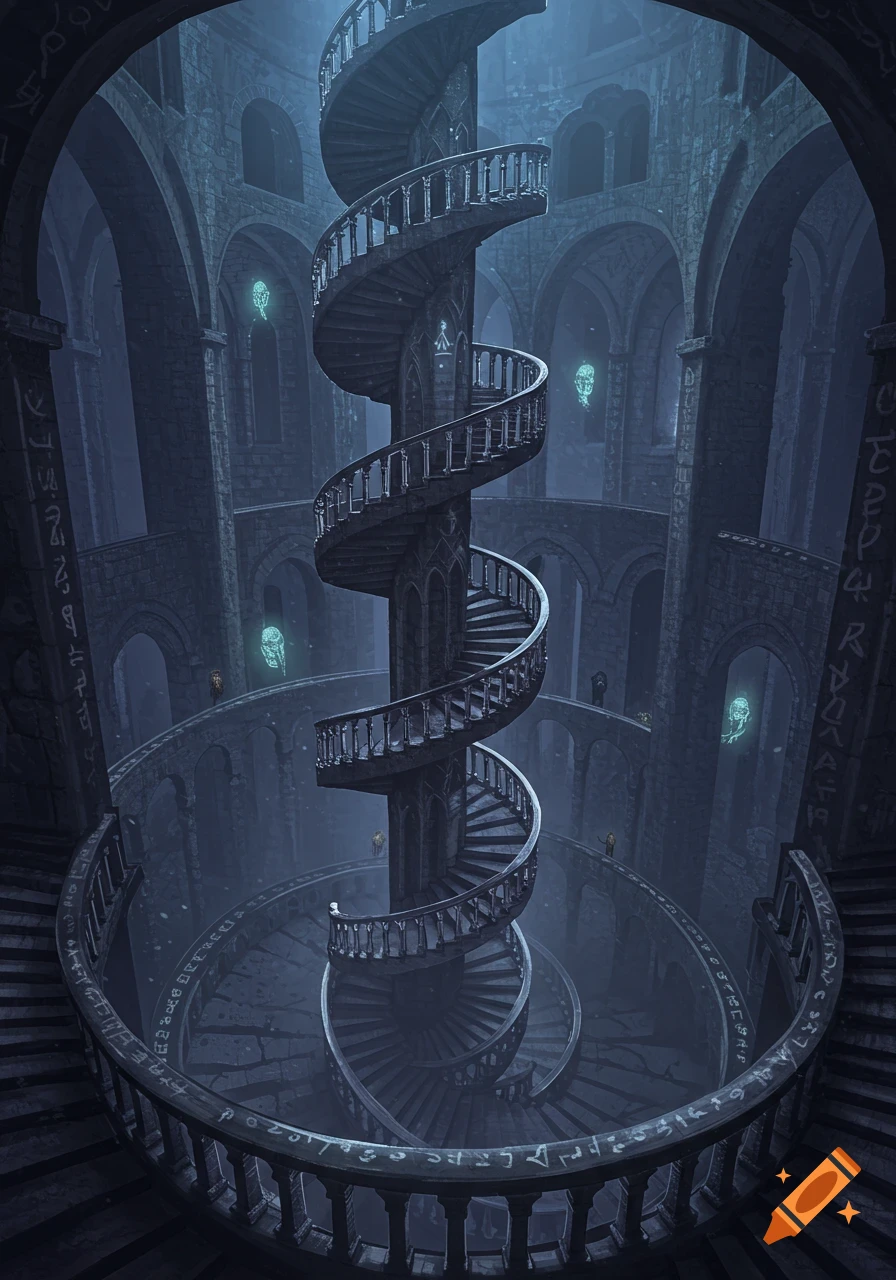 An eerie, dark fantasy labyrinth featuring a winding spiral staircase surrounded by ancient stone arches and glowing ghostly figures.