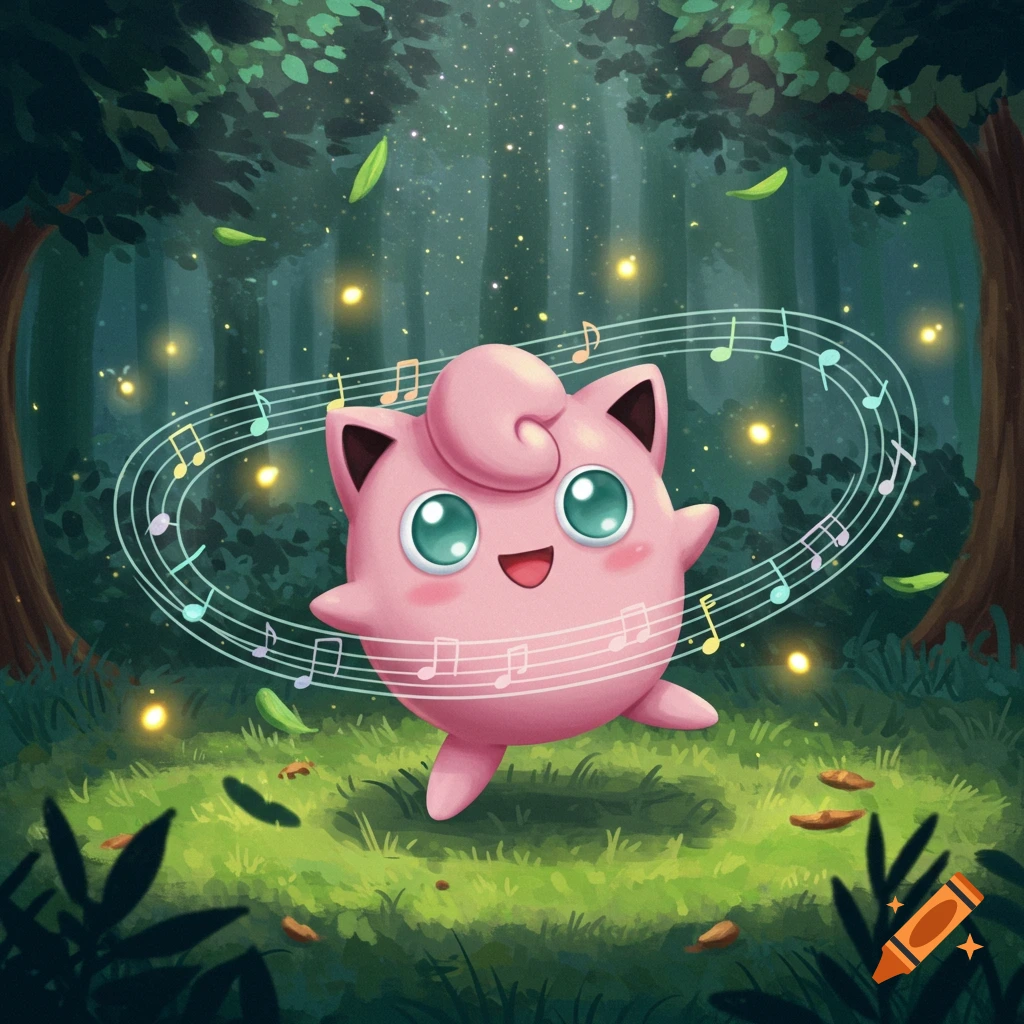 A cute pink Jigglypuff with big green eyes happily dances in a magical forest, surrounded by floating musical notes and fireflies.