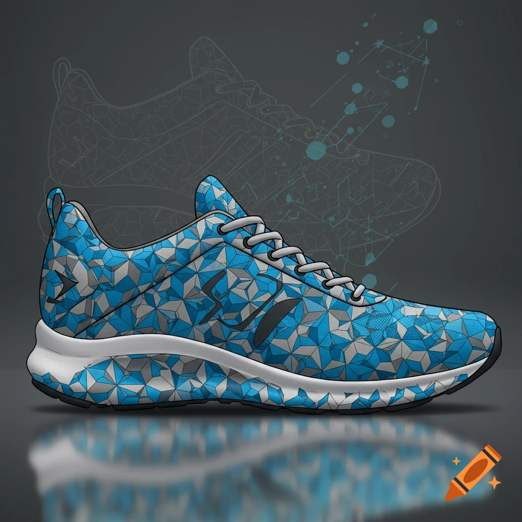 A running shoe with a blue and grey tessellated pattern, featuring a white sole and light grey laces, with a reflection on a dark surface.