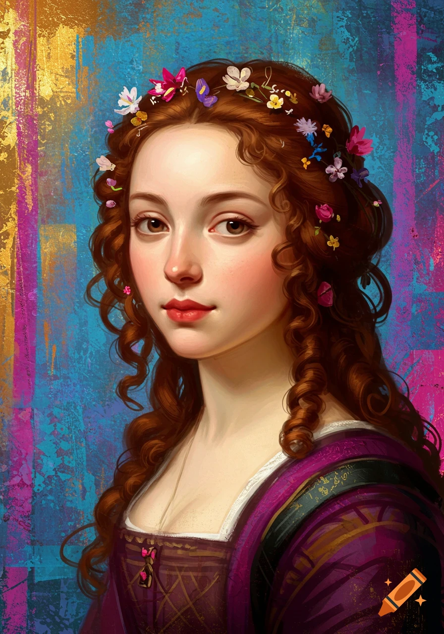 Vivid painting of a young woman with long curly red hair adorned with flowers, wearing a purple period dress, against a colorful textured background.