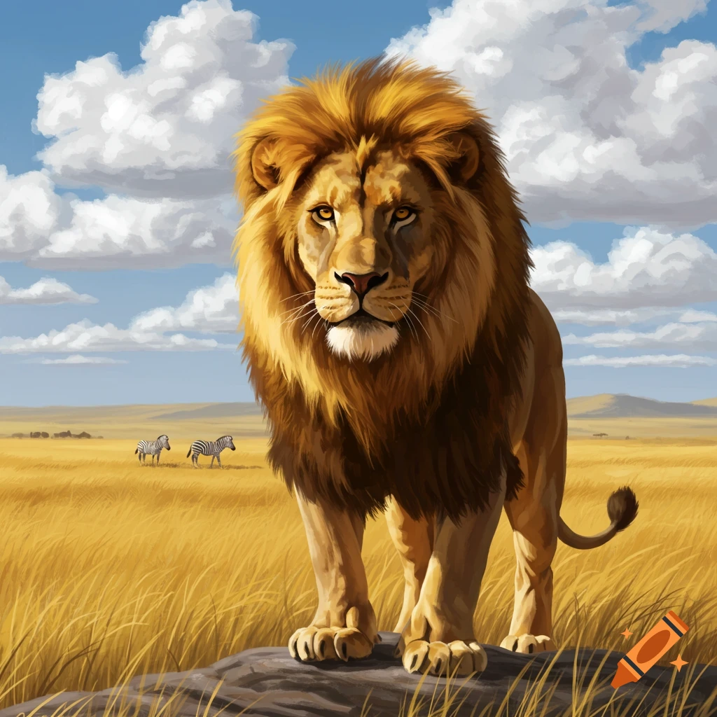 A majestic male lion with a full mane stands on a rock in a golden savanna under a blue sky with clouds, with two zebras in the distance.