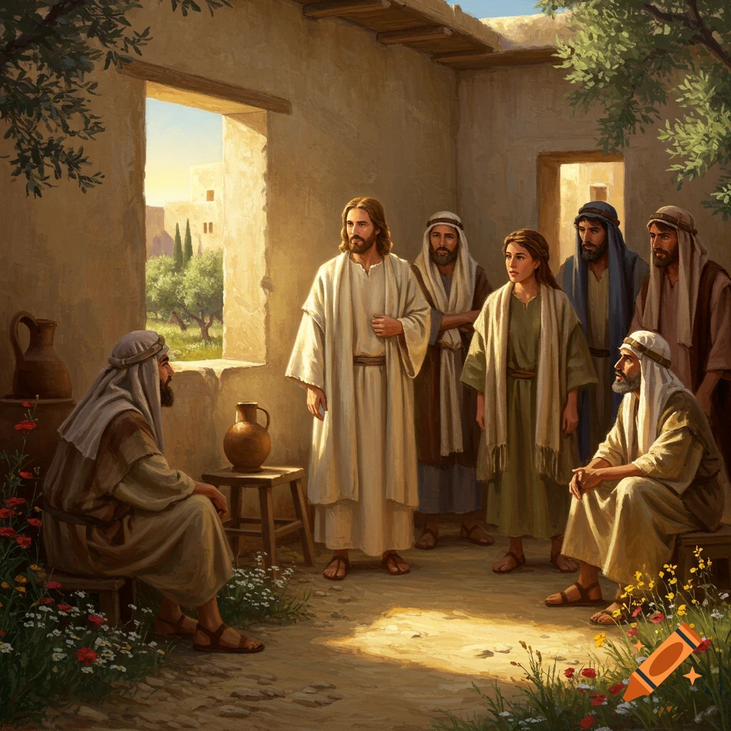 A painted scene of Jesus talking with a group of people in an ancient stone house with flowers and sunlight.