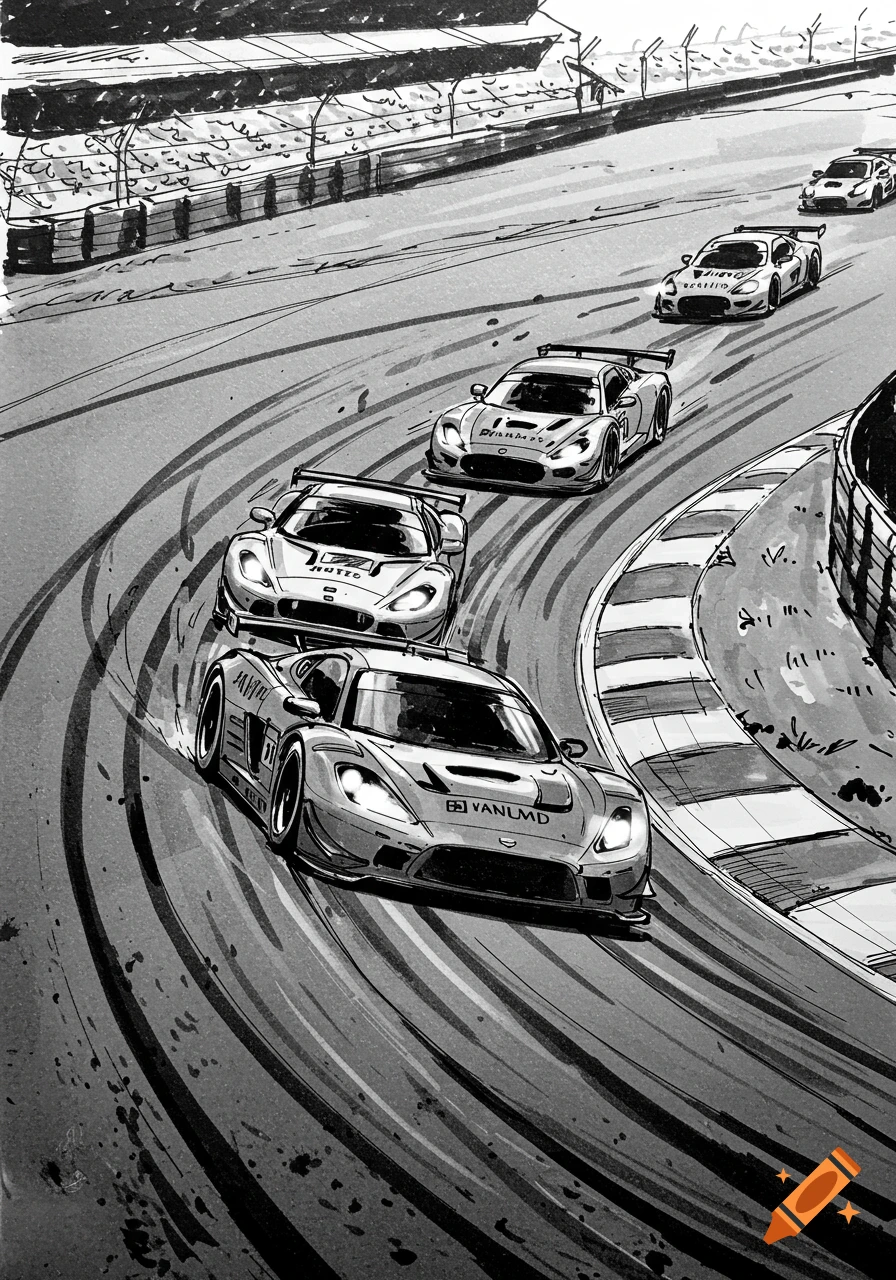 Multiple race cars speed around a curved track, rendered in a dynamic black and white sketch style with motion blur and tire marks.