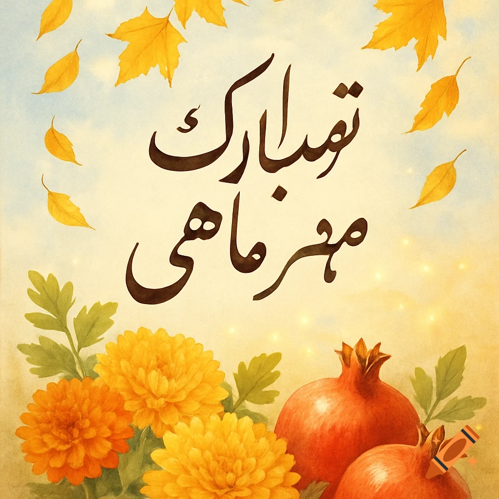 A warm watercolor greeting card with Persian calligraphy, falling autumn leaves, orange chrysanthemums, and pomegranates.