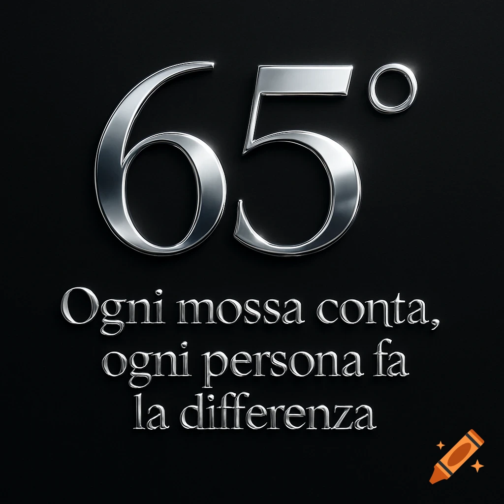 Metallic silver numbers '65°' and Italian text on a black background.