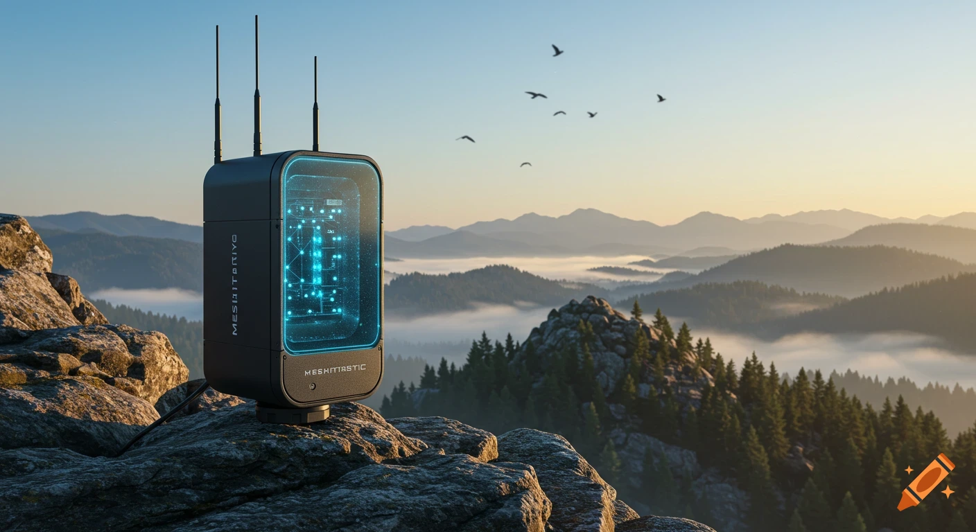 A black tech device with three antennas on a rocky mountain peak, overlooking a misty forested valley with mountains in the background at sunrise. Birds fly in the sky.