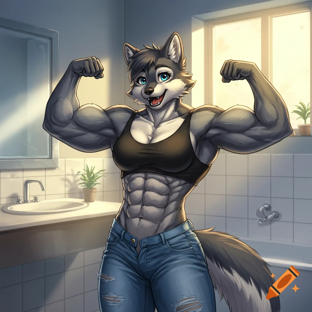 A muscular anthropomorphic female wolf in a sports bra and jeans smiles while flexing her biceps in a bathroom.