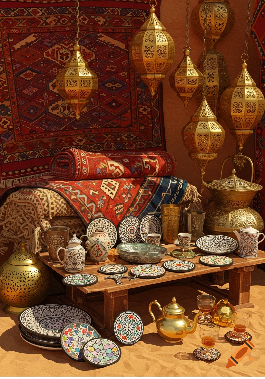 A vibrant display of Moroccan decor with ornate gold lanterns, patterned rugs, colorful ceramic plates, and teapots on a wooden table.