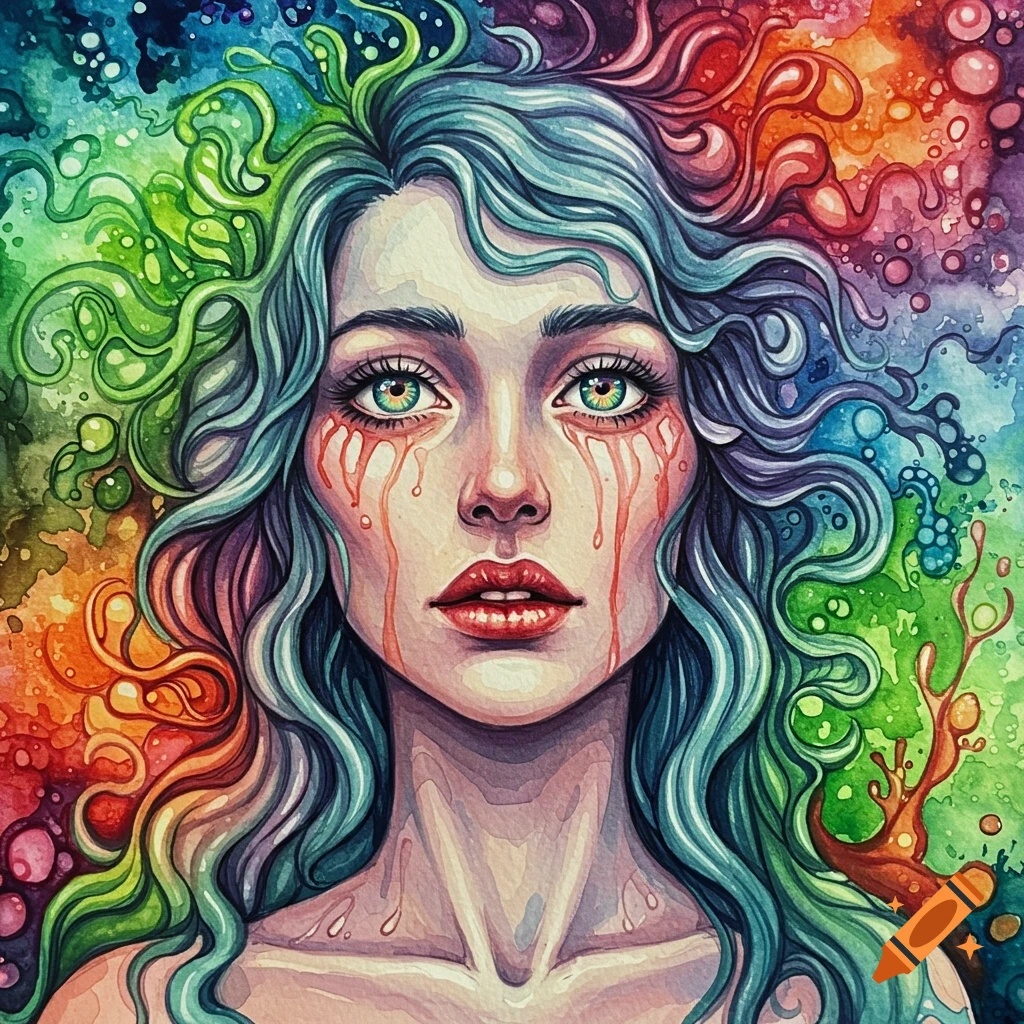 Watercolor portrait of a woman with blue hair, green eyes, and red tears, surrounded by a vibrant, psychedelic background.