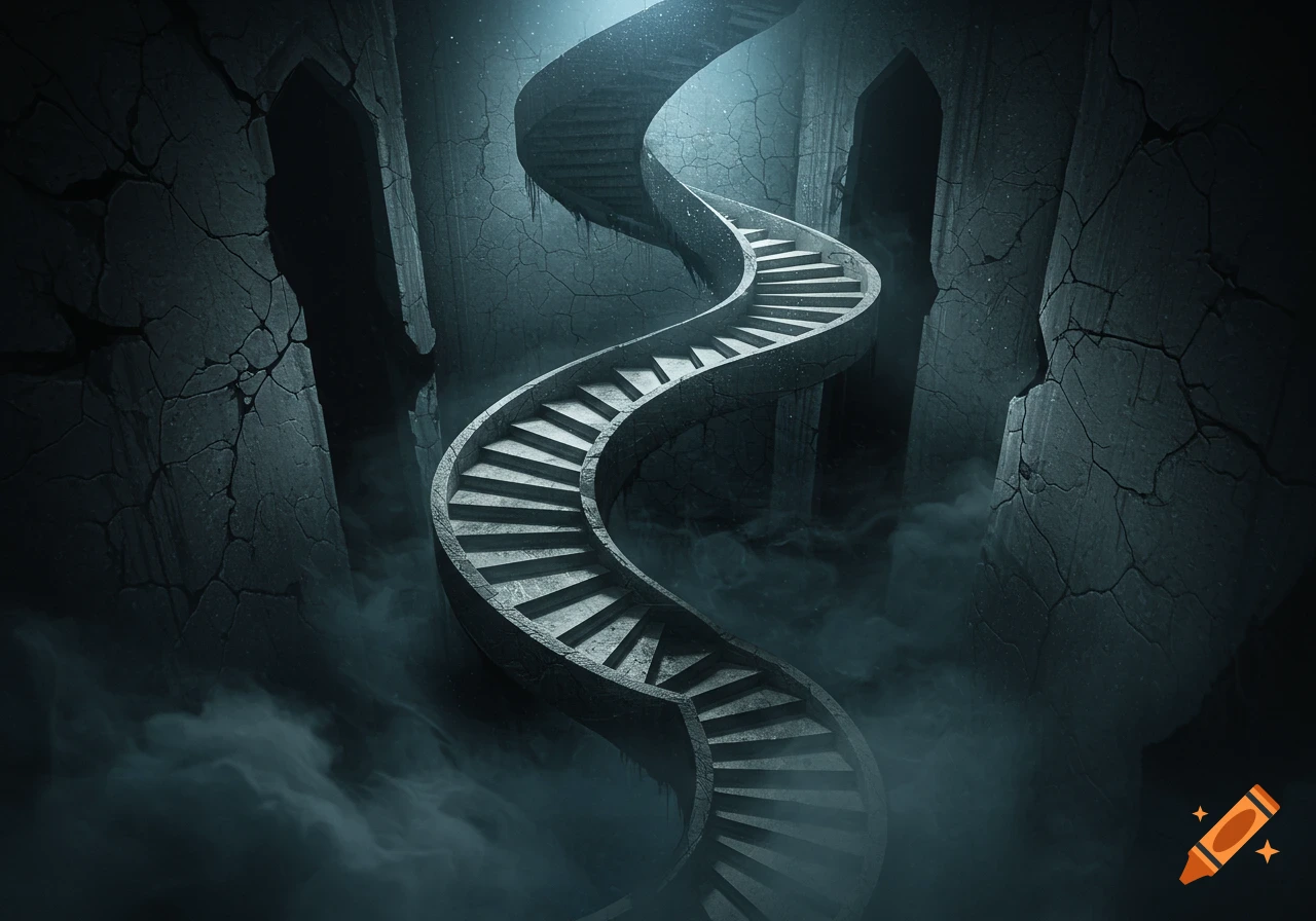 An eerie, winding stone staircase ascends through a cracked, dark labyrinth shrouded in mist.