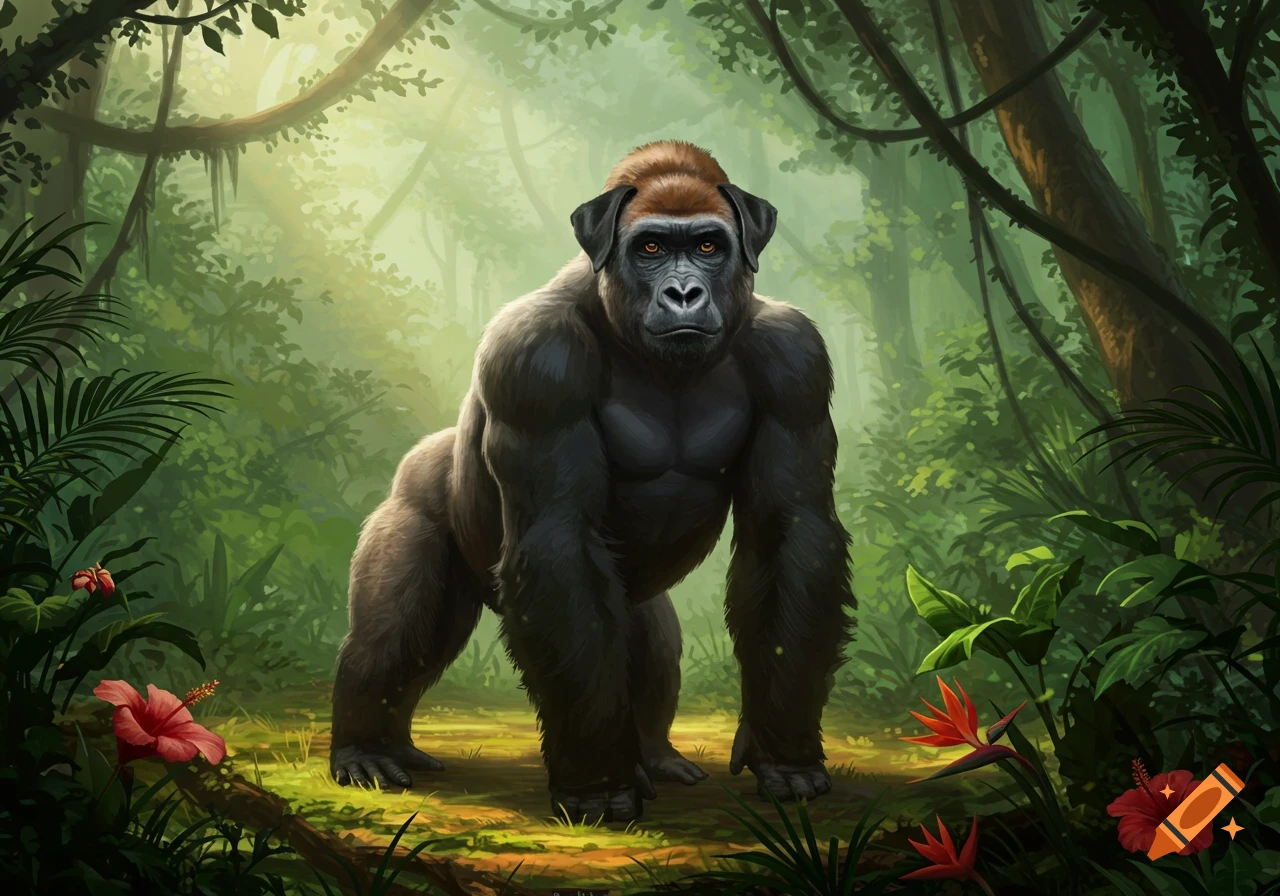 Digital painting of a muscular gorilla with dog ears and head features, standing in a sun-dappled lush green jungle.