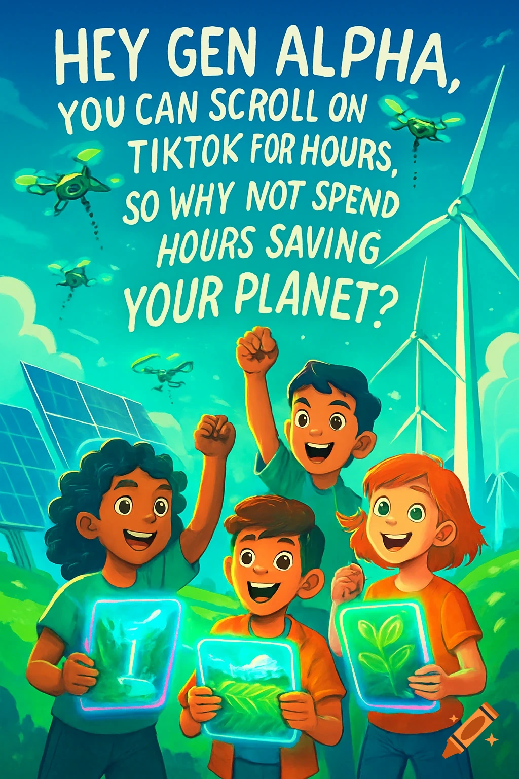 Four happy cartoon children stand in a green field with solar panels and wind turbines, holding glowing tablets, under the text 'HEY GEN ALPHA...SAVING YOUR PLANET?'