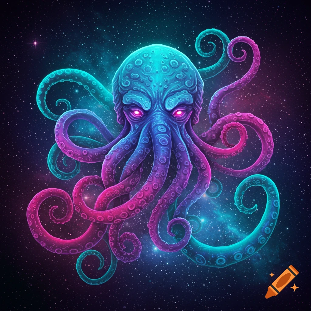 Vibrant neon blue and pink glowing octopus with bright pink eyes in a starry cosmic nebula background.