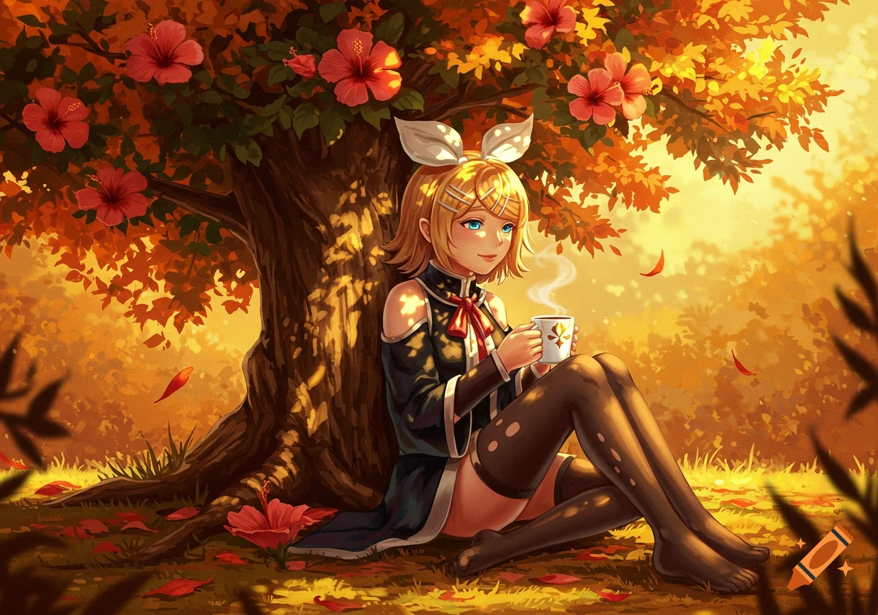 An anime girl, Kagamine Rin, sits under a tree with red hibiscus flowers and autumn leaves, drinking coffee in an illustration.