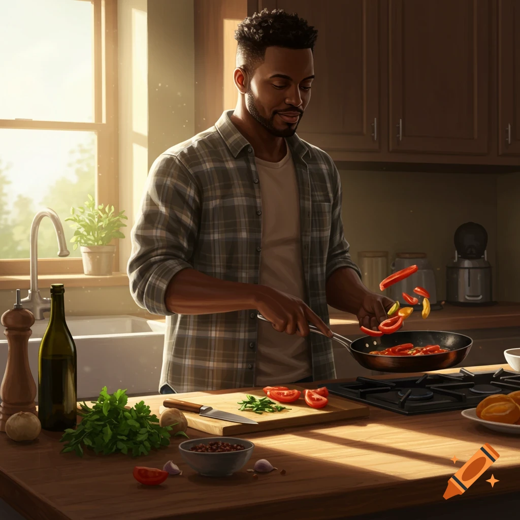 A Black man in a plaid shirt cooks vegetables in a pan in a sunny kitchen.