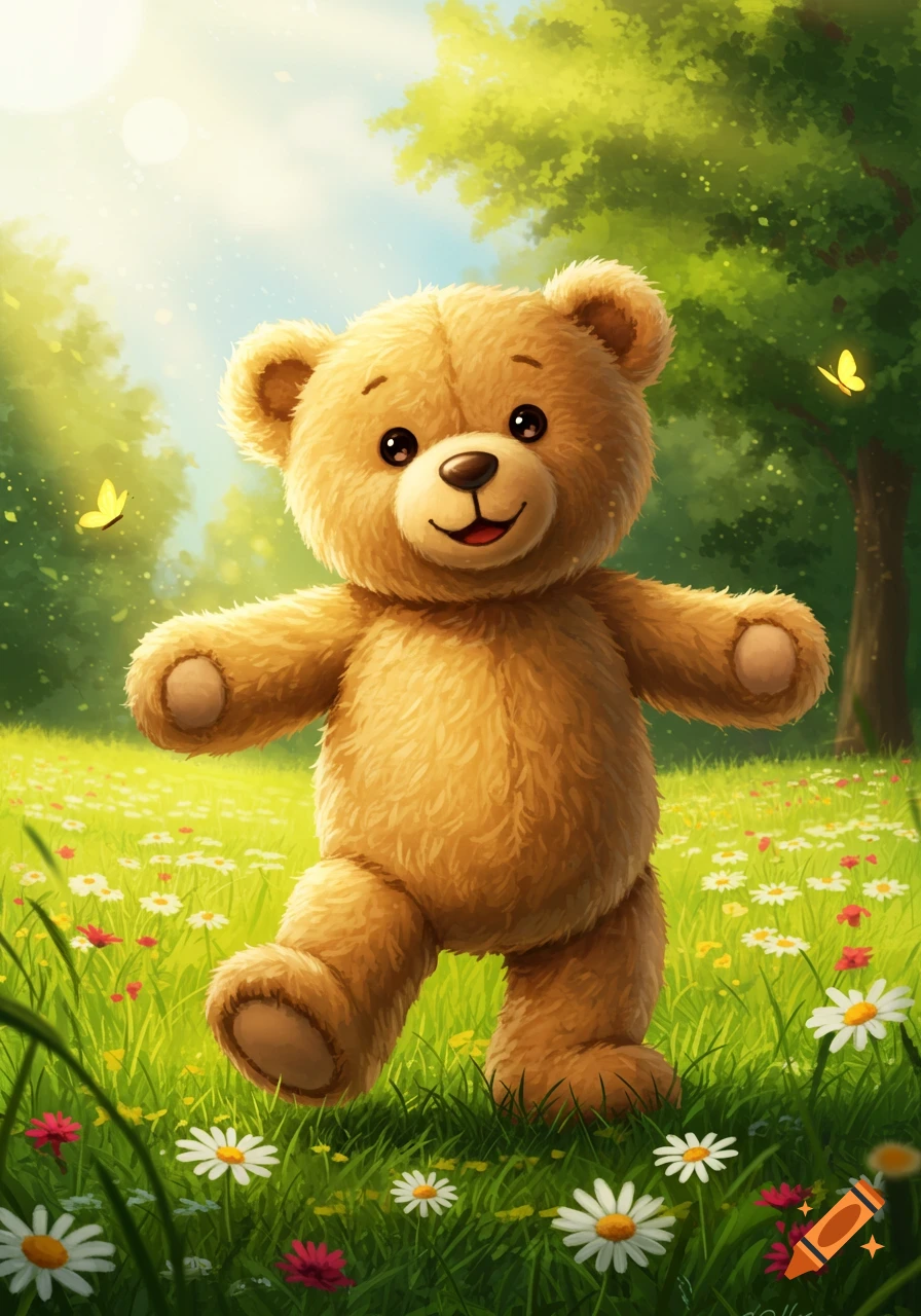 A fluffy, cartoon teddy bear dances in a sunny meadow filled with white and red flowers. Vibrant illustration.