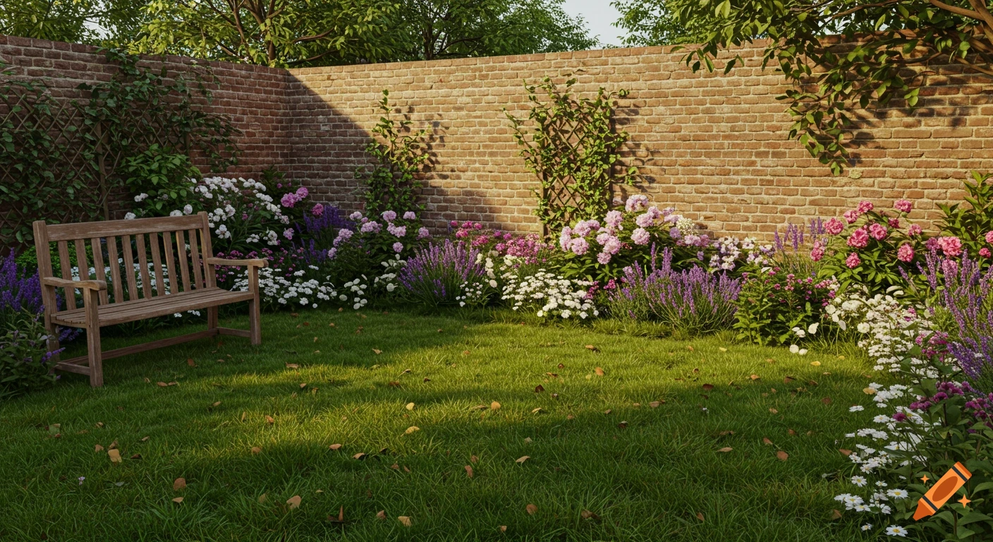 A sunny garden with a wooden bench in the corner, colorful flower beds along a brick wall, and green grass.