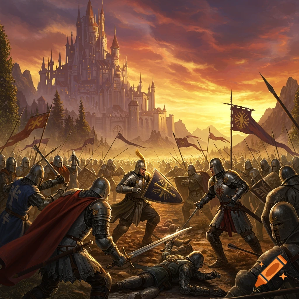 A dramatic fantasy battle scene with armored knights fighting in front of a majestic castle at sunset.
