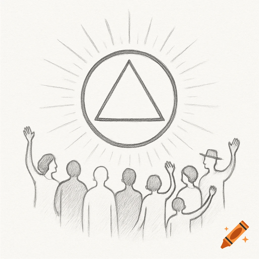 Pencil sketch of the AA logo, a triangle in a circle with radiating light, surrounded by a group of people with raised hands.