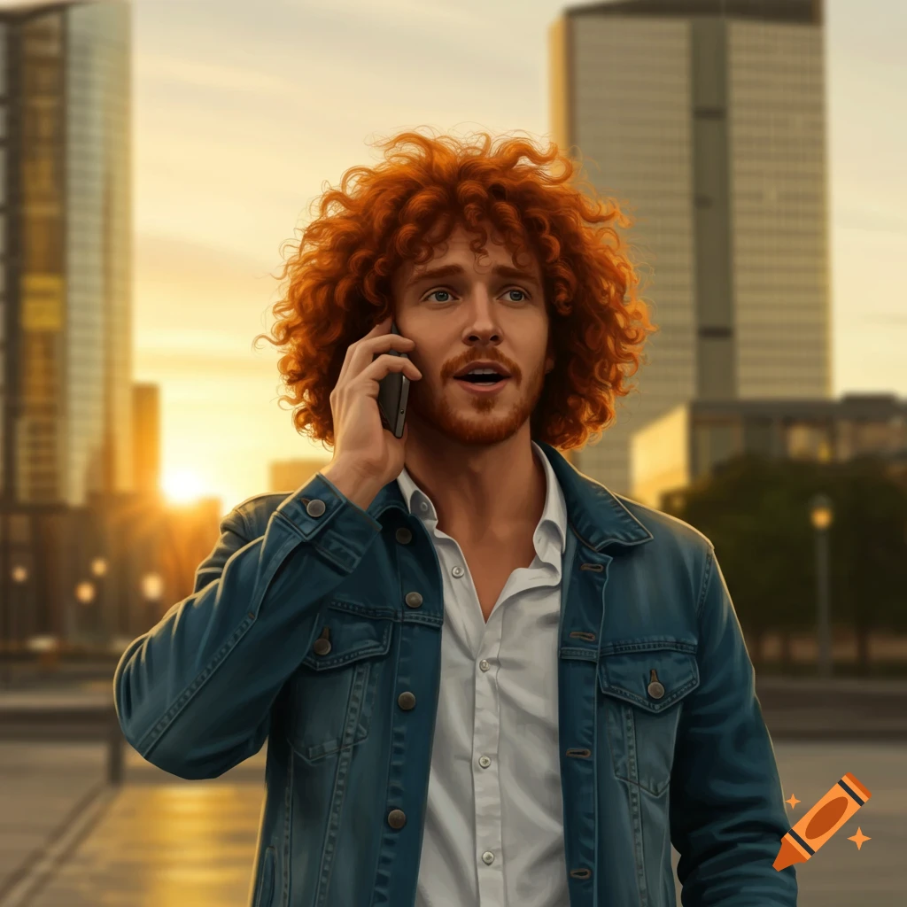 A man with curly red hair, a beard, and a denim jacket talks on a phone in a city at sunset.