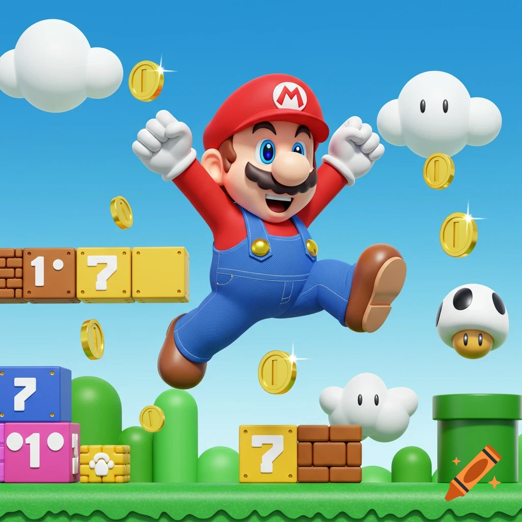 3D render of Mario jumping excitedly amidst coins, blocks, clouds, a pipe, and a mushroom in a vibrant Super Mario Bros. themed landscape.